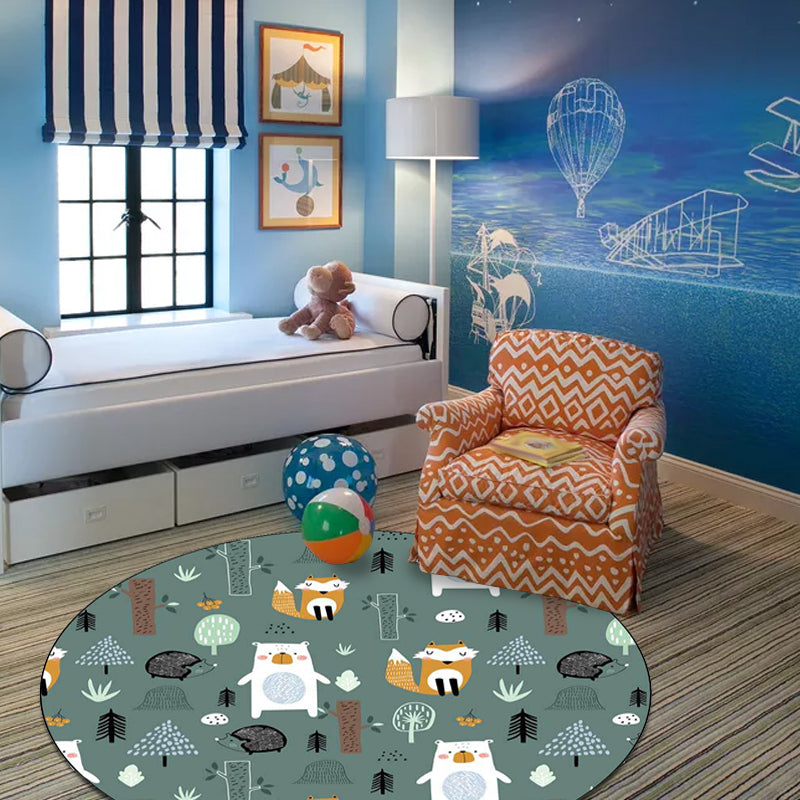 Kids Bedroom Rug in Green Animal Fox Bear Tree Print Rug Polyester Pet Friendly Area Rug - Green - Clearhalo - 'Area Rug' - 'Rug' - 1597598