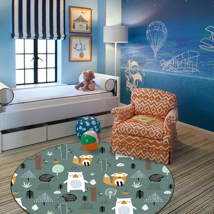 Kids Bedroom Rug in Green Animal Fox Bear Tree Print Rug Polyester Pet Friendly Area Rug - Green - Clearhalo - 'Area Rug' - 'Rug' - 1597598