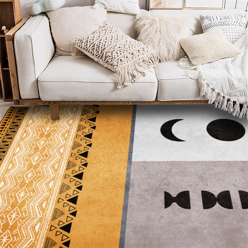 Funky Tribal Print Rug Yellow Vintage Rug Polyester Machine Washable Anti-Slip Area Rug for Bedroom