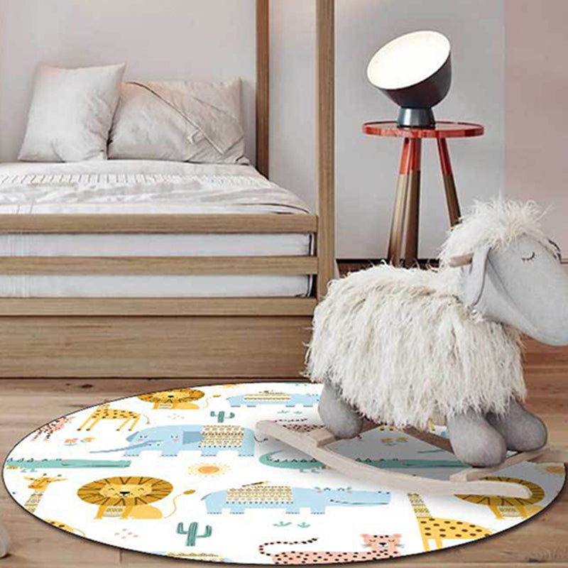 Kids Bedroom Rug in White Animal Lion Elephant Crocodile Print Rug Polyester Machine Washable Area Rug - White - Clearhalo - 'Area Rug' - 'Rug' - 1598209