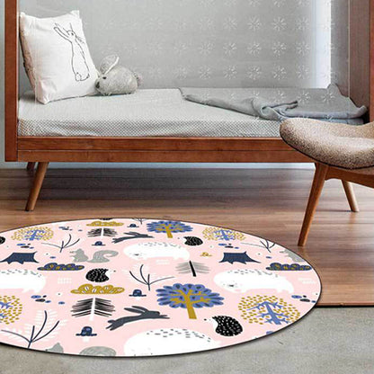 Kids Bedroom Rug in Pink Animal Rabbit Hedgehog Bear Print Rug Polyester Anti-Slip Washable Area Rug - Pink - Clearhalo - 'Area Rug' - 'Rug' - 1598217