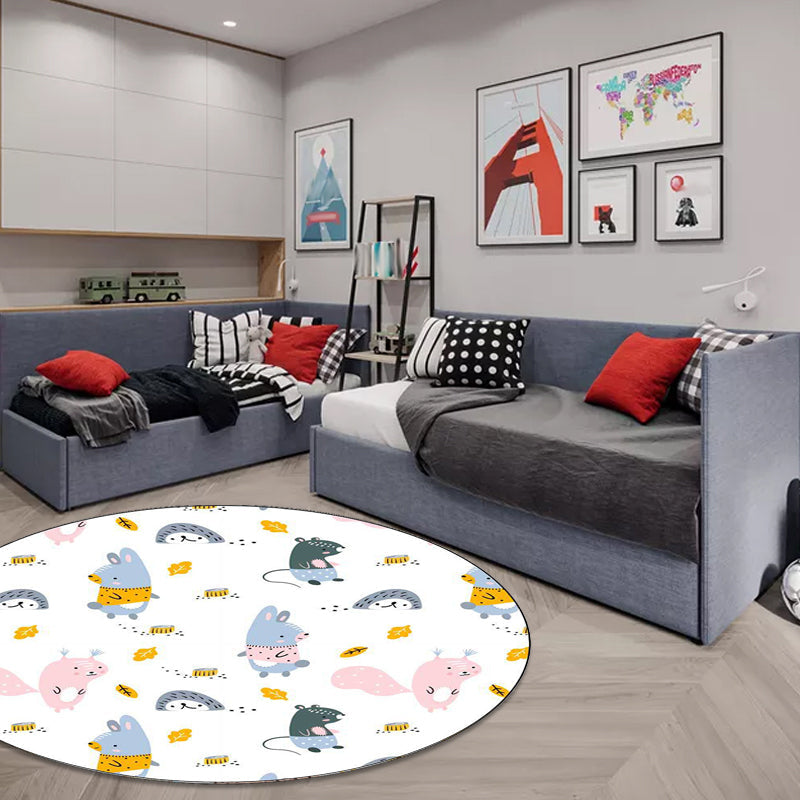 Kids Bedroom Rug in White Animal Rabbit Hedgehog Leaf Print Rug Polyester Machine Washable Pet Friendly Area Rug - White - Clearhalo - 'Area Rug' - 'Rug' - 1598241