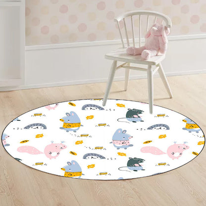 Kids Bedroom Rug in White Animal Rabbit Hedgehog Leaf Print Rug Polyester Machine Washable Pet Friendly Area Rug - Clearhalo - 'Area Rug' - 'Rug' - 1598242