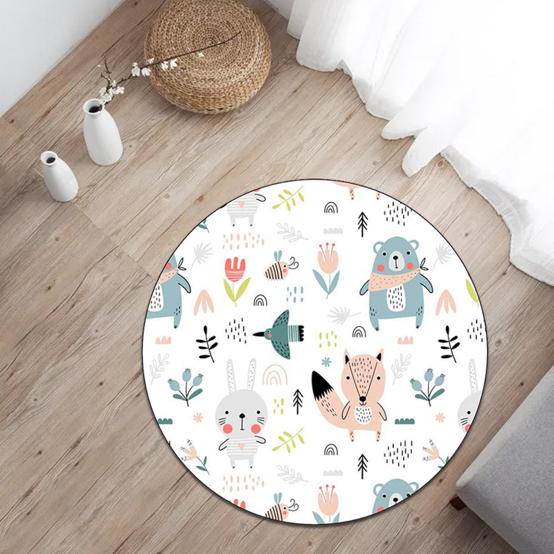 White Child's Room Rug Kids Animal Rabbit Fox Bear Floral Pattern Area Rug Polyester Anti-Slip Backing Carpet Clearhalo 'Area Rug' 'Rug' 1598250