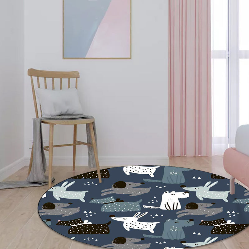 Casual Kids Rug in Blue Animal Rabbit Dog Pattern Rug Polyester Stain-Resistant Washable Carpet for Nursery