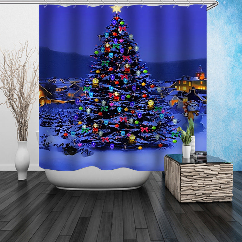 Feblilac Christmas Tree Blue Night Shower Curtain with Hooks - Feblilac® Mat