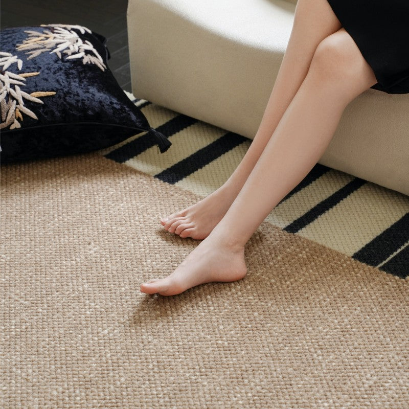 Feblilac Rectangular French Black and White Lines Living Room Wool Carpet - view 2
