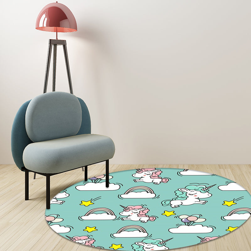 Pink and Blue Kids Rug Polyester Unicorn and Rainbow Print Rug Washable Non-Slip Backing Carpet for Kids' Room - Blue - Clearhalo - 'Area Rug' - 'Rug' - 1608441