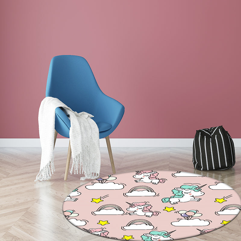 Pink and Blue Kids Rug Polyester Unicorn and Rainbow Print Rug Washable Non-Slip Backing Carpet for Kids' Room - Pink - Clearhalo - 'Area Rug' - 'Rug' - 1608447