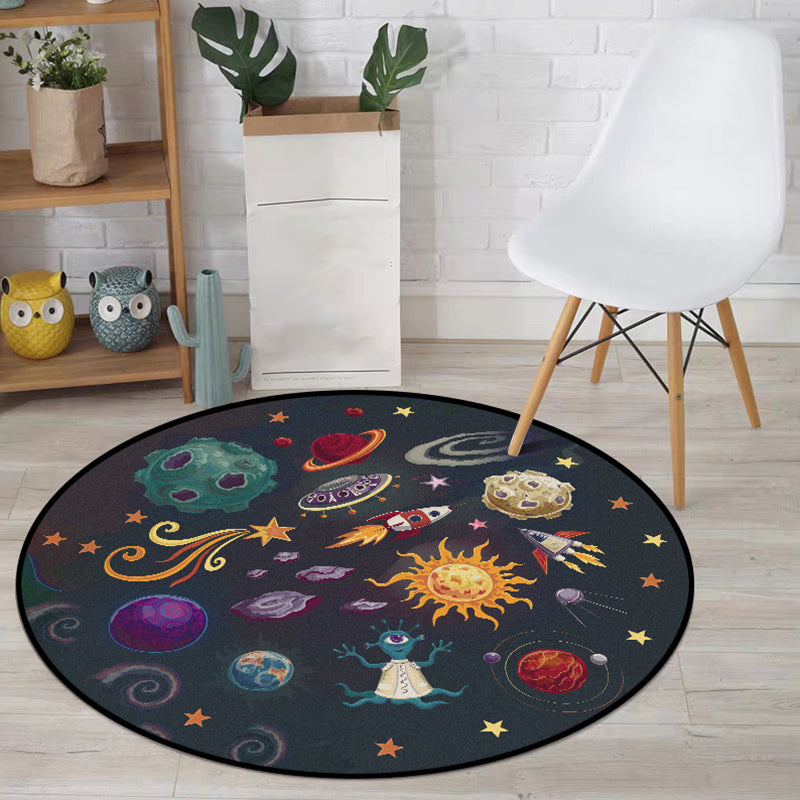 Kids Bedroom Rug in Black Outer Space Alien Planet Rocket Print Rug Polyester Machine Washable Area Rug - Black - Clearhalo - 'Area Rug' - 'Rug' - 1608525