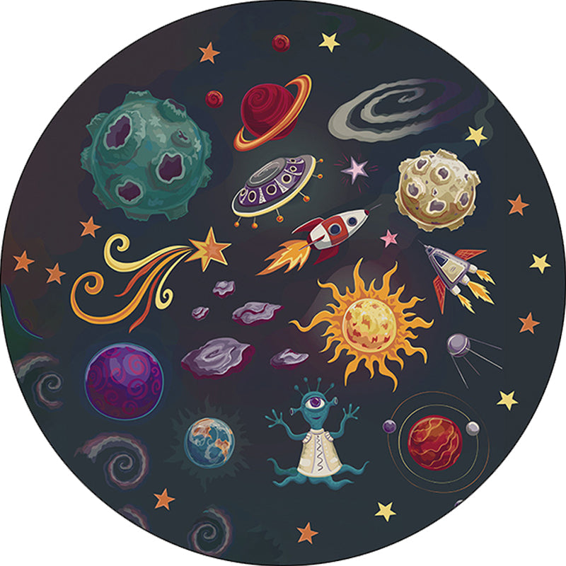 Kids Bedroom Rug in Black Outer Space Alien Planet Rocket Print Rug Polyester Machine Washable Area Rug - Clearhalo - 'Area Rug' - 'Rug' - 1608527