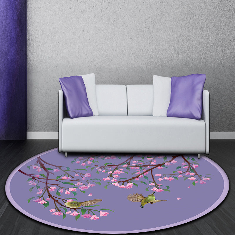 Purple Oriental Rug Polyester Floral and Bird Pattern Rug Washable Non-Slip Backing Carpet for Bedroom - Purple - Clearhalo - 'Area Rug' - 'Rug' - 1608718