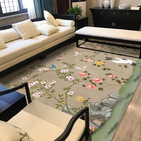 Vintage Floral Pattern Rug with Bird and Leaf Khaki Polyester Rug Machine Washable Non-Slip Area Rug for Living Room Khaki Clearhalo 'Area Rug' 'Rug' 1608734