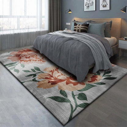 Grey and Red Oriental Rug Polyester Floral and Leaf Pattern Rug Washable Non-Slip Backing Carpet for Bedroom