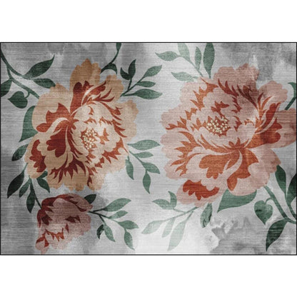 Grey and Red Oriental Rug Polyester Floral and Leaf Pattern Rug Washable Non-Slip Backing Carpet for Bedroom