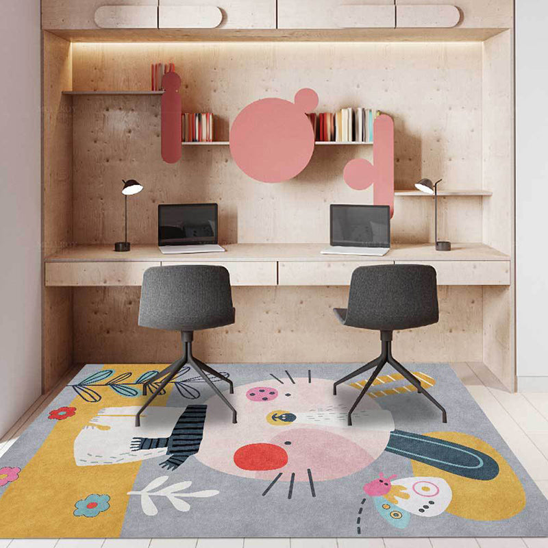Casual Kids Rug in Grey Animal Rabbit Floral Leaf Pattern Rug Polyester Pet Friendly Washable Carpet for Nurse - view 3