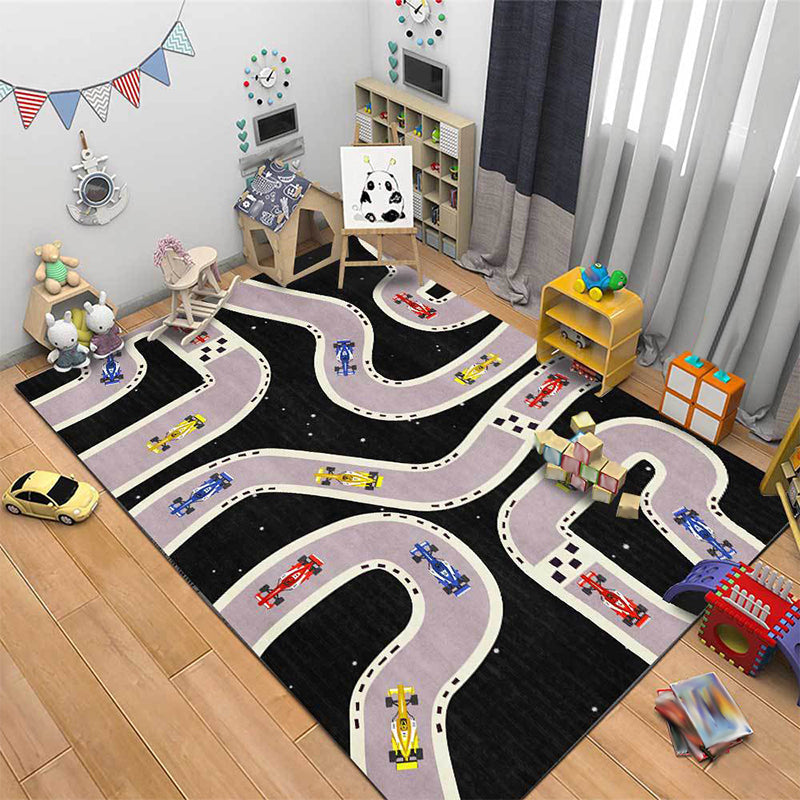 Kids Bedroom Rug in Black Cars & Roads Print Rug Polyester Non-Slip Backing Washable Area Rug - Black - Clearhalo - 'Area Rug' - 'Rug' - 1608886