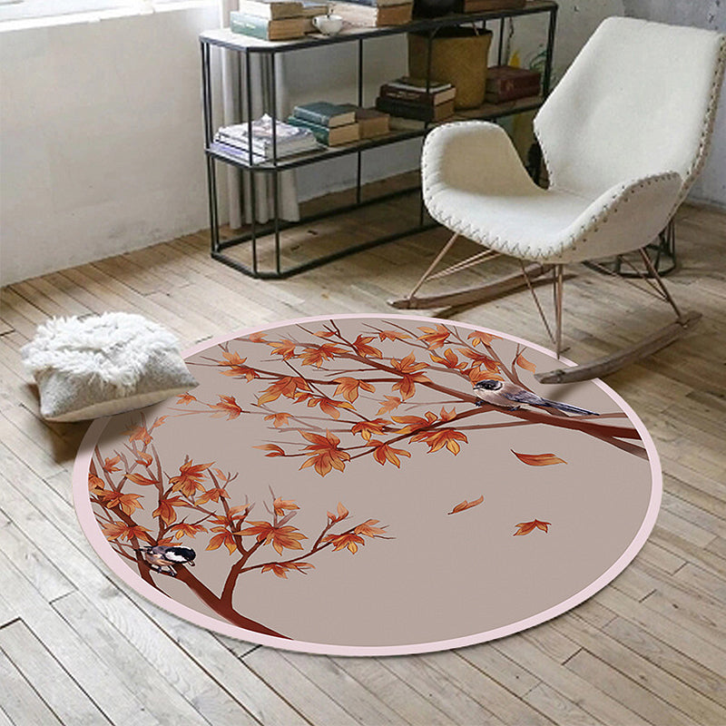 Red Oriental Rug Polyester Leaf and Bird Pattern Rug Washable Non-Slip Backing Carpet for Living Room - Clearhalo - 'Area Rug' - 'Rug' - 1609118