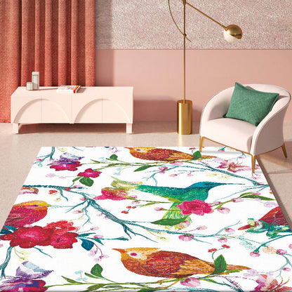 Retro Bird Pattern Rug with Floral and Leaf White Oriental Rug Polyester Washable Anti-Slip Backing Area Rug for Bedroom Clearhalo 'Area Rug' 'Rug' 1609134