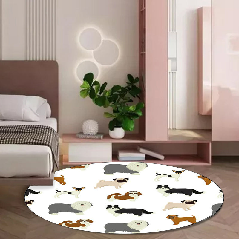 Cute Kids Rug in White Animal Dog Pattern Rug Polyester Washable Stain-Resistant Carpet for Nursery