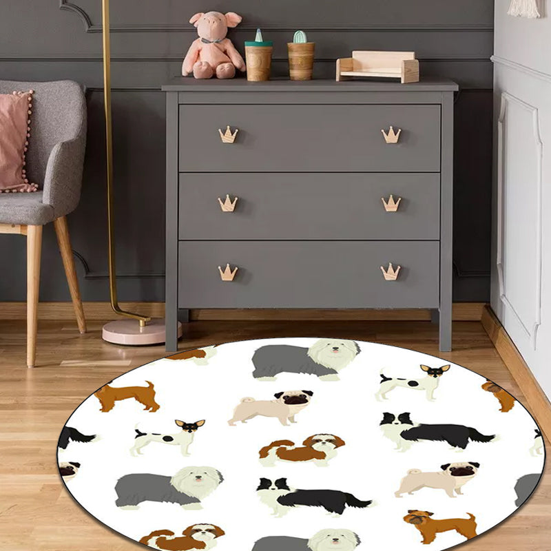 Cute Kids Rug in White Animal Dog Pattern Rug Polyester Washable Stain-Resistant Carpet for Nursery