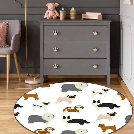 Cute Kids Rug in White Animal Dog Pattern Rug Polyester Washable Stain-Resistant Carpet for Nursery