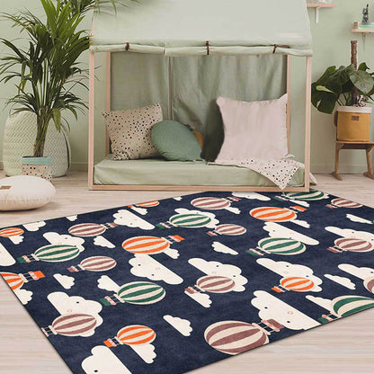 Blue Child's Room Rug Kids Fairy Tales Hot Air Balloon Cloud Pattern Area Rug Polyester Machine Washable Carpet - Dark Blue - Clearhalo - 'Area Rug' - 'Rug' - 1609221