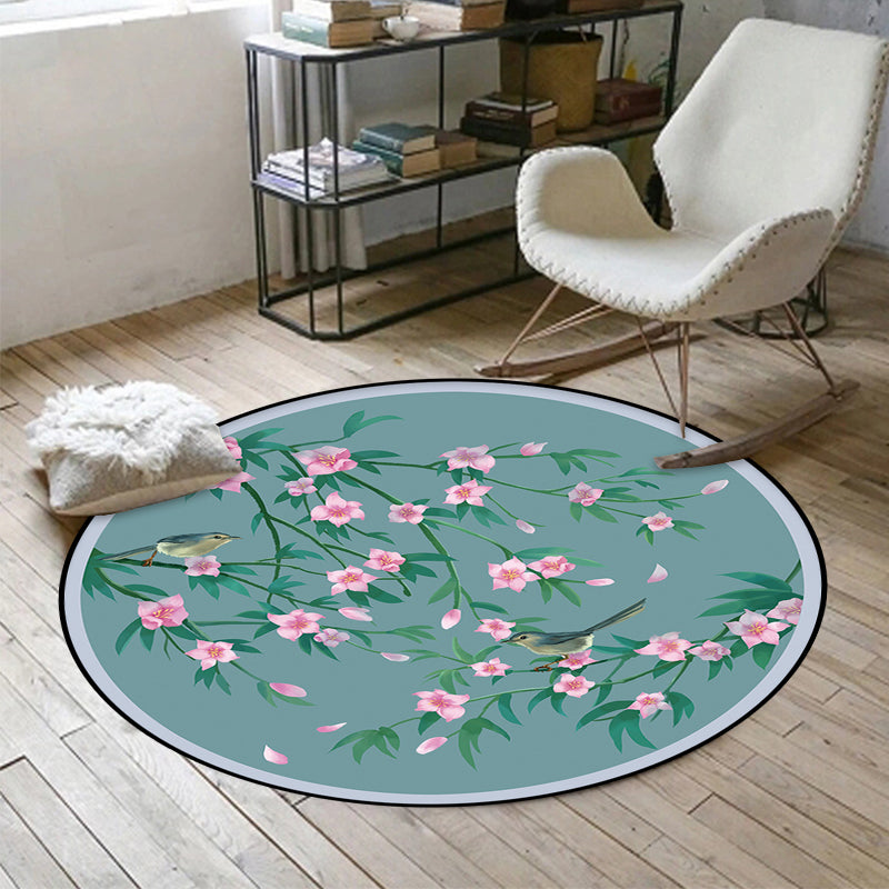 Retro Floral Pattern Rug with Bird and Leaf Blue Oriental Rug Polyester Washable Anti-Slip Backing Area Rug for Living Room Blue Clearhalo 'Area Rug' 'Rug' 1609473