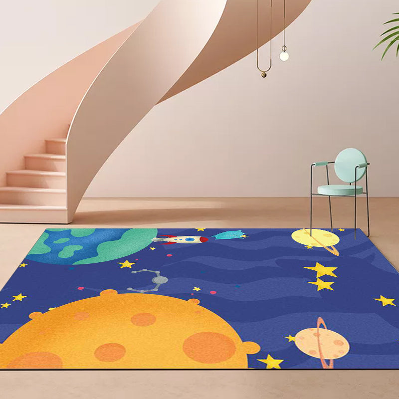 Purple Child's Room Rug Kids Outer Space Planet Star Aircraft Pattern Area Rug Polyester Non-Slip Backing Carpet - Purplish Blue - Clearhalo - 'Area Rug' - 'Rug' - 1609593