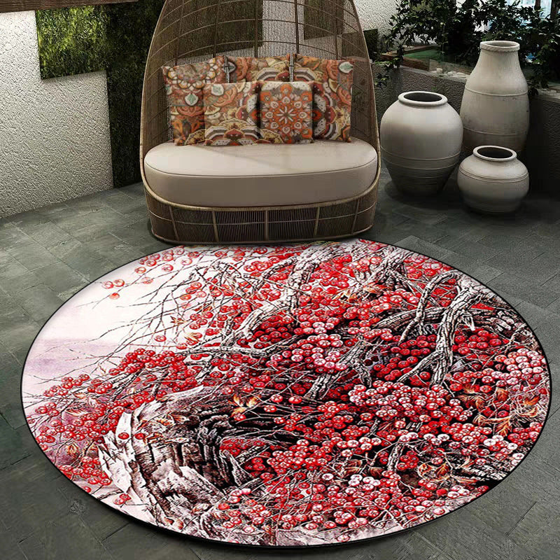 Red Oriental Rug Polyester Floral and Branch Pattern Rug Washable Non-Slip Backing Carpet for Bedroom - Red - Clearhalo - 'Area Rug' - 'Rug' - 1609734