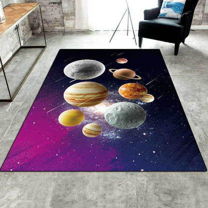 Kids Bedroom Rug in Black and Purple Outer Space Galaxy Planet Print Rug Polyester Machine Washable Area Rug - Purple - Clearhalo - 'Area Rug' - 'Rug' - 1609758