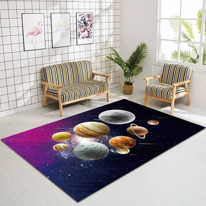 Kids Bedroom Rug in Black and Purple Outer Space Galaxy Planet Print Rug Polyester Machine Washable Area Rug - Clearhalo - 'Area Rug' - 'Rug' - 1609759