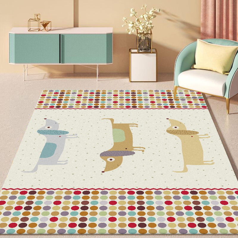 Yellow Child's Room Rug Kids Animal Dog Dots Pattern Area Rug Polyester Non-Slip Machine Washable Carpet