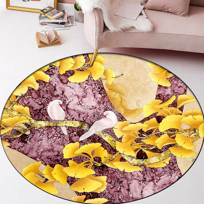 Retro Apricot Leaf Pattern Rug with Bird Yellow and Pink Traditional Rug Polyester Washable Anti-Slip Backing Area Rug for Bedroom Yellow Clearhalo 'Area Rug' 'Rug' 1609872