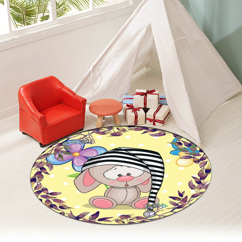 Cute Cartoon Mouse Pattern Rug with Floral and Leaf Yellow Kids Rug Polyester Washable Non-Slip Area Rug for Nursery