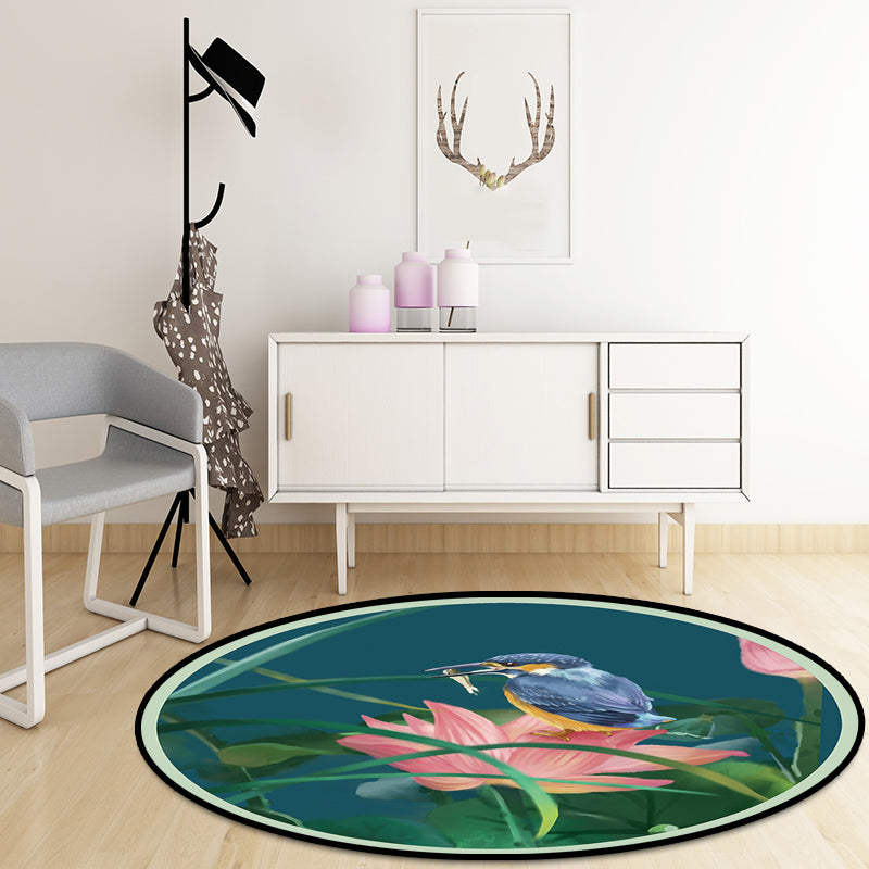 Vintage Lotus Pattern Rug with Bird and Leaf Green Polyester Rug Machine Washable Non-Slip Area Rug for Living Room Clearhalo 'Area Rug' 'Rug' 1610387