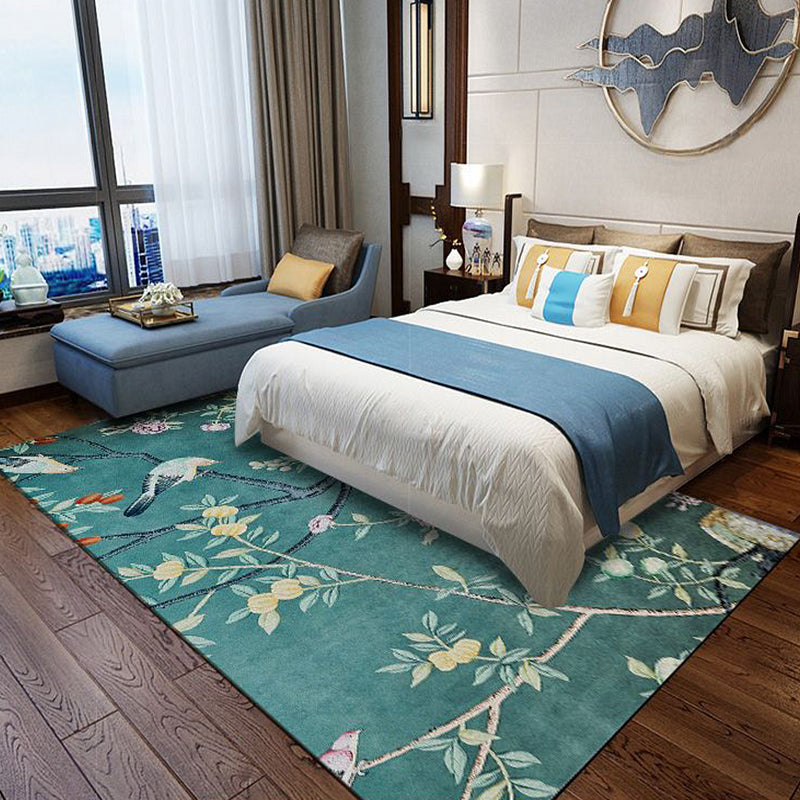 Retro Leaf Pattern Rug with Floral and Bird Green Oriental Rug Polyester Washable Anti-Slip Backing Area Rug for Bedroom Blue Clearhalo 'Area Rug' 'Rug' 1610394