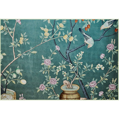 Retro Leaf Pattern Rug with Floral and Bird Green Oriental Rug Polyester Washable Anti-Slip Backing Area Rug for Bedroom Clearhalo 'Area Rug' 'Rug' 1610396