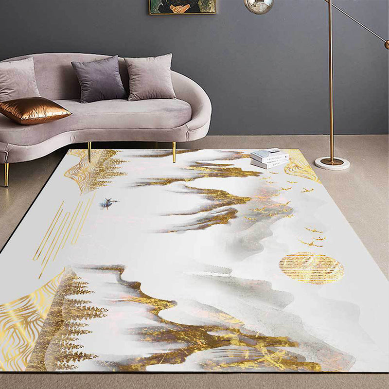 Retro Mountain Pattern Rug with Character and Bird Golden Oriental Rug Polyester Washable Anti-Slip Backing Area Rug for Living Room Gold Clearhalo 'Area Rug' 'Rug' 1610402