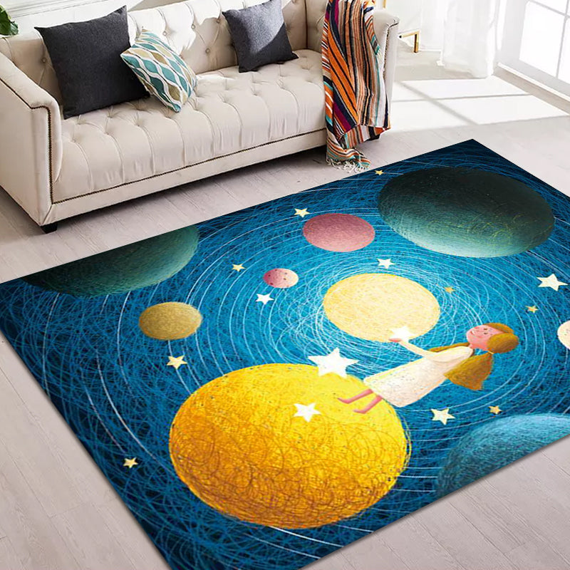 Cute Kids Rug in Blue Outer Space Planet Figure Pattern Rug Polyester Non-Slip Washable Carpet for Nursery