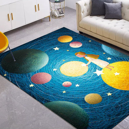 Cute Kids Rug in Blue Outer Space Planet Figure Pattern Rug Polyester Non-Slip Washable Carpet for Nursery