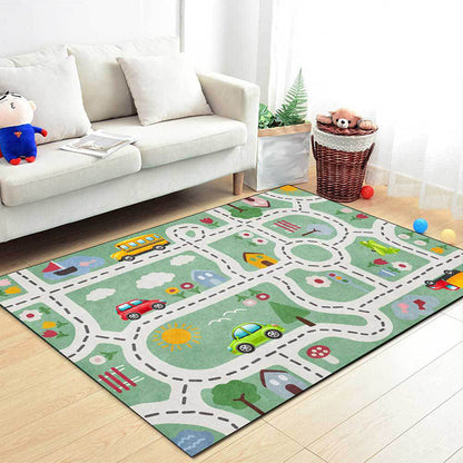 Cute Kids Rug in Green Cars & Roads House Flower Tree Pattern Rug Polyester Pet Friendly Carpet for Nursery