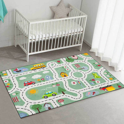 Cute Kids Rug in Green Cars & Roads House Flower Tree Pattern Rug Polyester Pet Friendly Carpet for Nursery