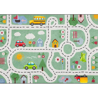 Cute Kids Rug in Green Cars & Roads House Flower Tree Pattern Rug Polyester Pet Friendly Carpet for Nursery