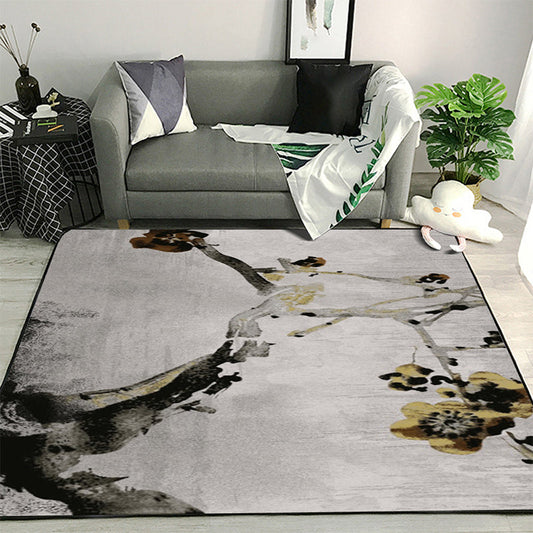 Retro Ink Wash Painting Rug with Floral Khaki Oriental Rug Polyester Washable Anti-Slip Backing Area Rug for Bedroom Khaki Clearhalo 'Area Rug' 'Rug' 1610654