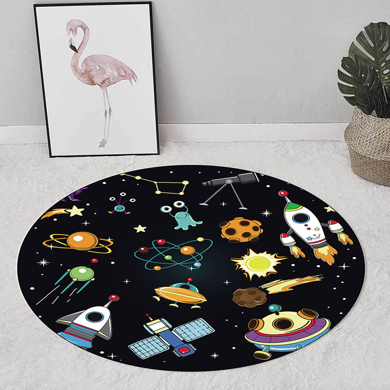 Unique Kids Rug in Black Outer Space Aircraft Planet Star Pattern Rug Polyester Pet Friendly Carpet for Nursery Clearhalo 'Area Rug' 'Rug' 1610775