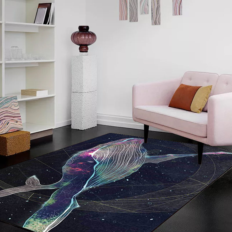 Kids Bedroom Rug in Black Outer Space Star Whale Print Rug Polyester Anti-Slip Backing Washable Area Rug - Clearhalo - 'Area Rug' - 'Rug' - 1610783