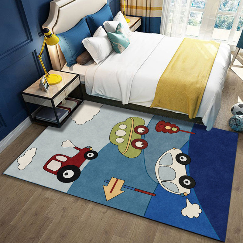 Blue Child's Room Rug Kids Cars & Roads Sign Cloud Pattern Area Rug Polyester Washable Pet Friendly Carpet - Blue - Clearhalo - 'Area Rug' - 'Rug' - 1610798