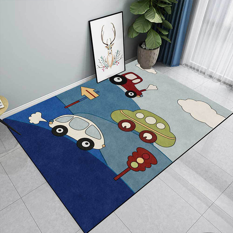 Blue Child's Room Rug Kids Cars & Roads Sign Cloud Pattern Area Rug Polyester Washable Pet Friendly Carpet - Clearhalo - 'Area Rug' - 'Rug' - 1610799