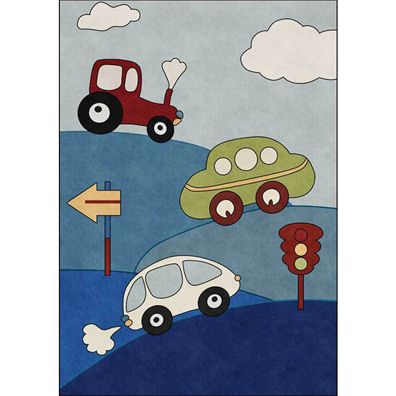 Blue Child's Room Rug Kids Cars & Roads Sign Cloud Pattern Area Rug Polyester Washable Pet Friendly Carpet - Clearhalo - 'Area Rug' - 'Rug' - 1610800